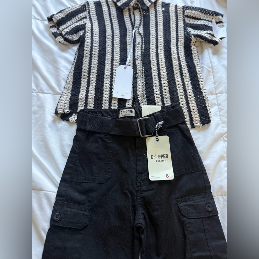 Boys Copper Denim Black Cargo Shorts and Striped Top Set